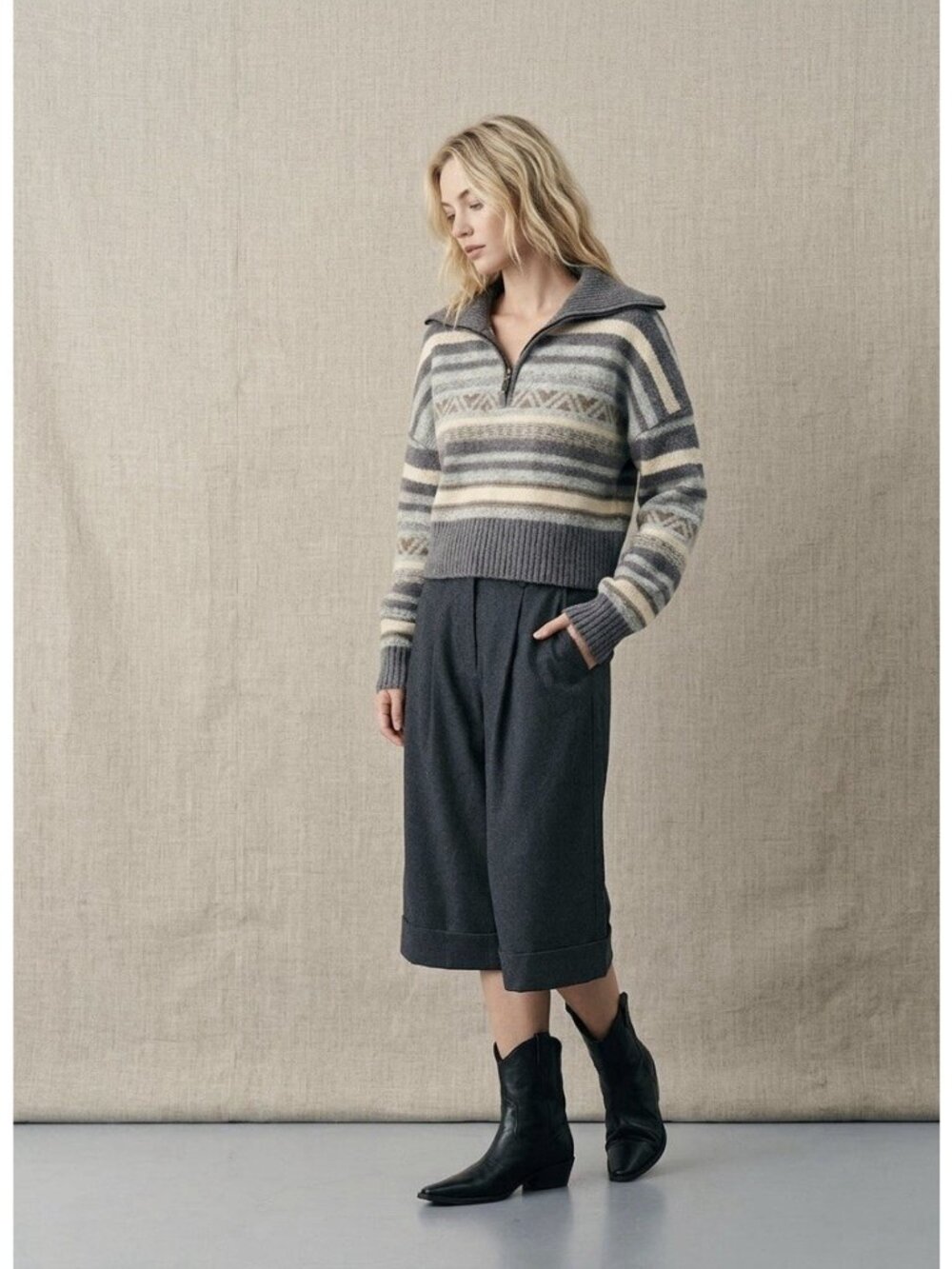 FRYE Nordic Fair Isle Women’s Sweater Size‎ Medium Gray Cream Minimalist Outdoor